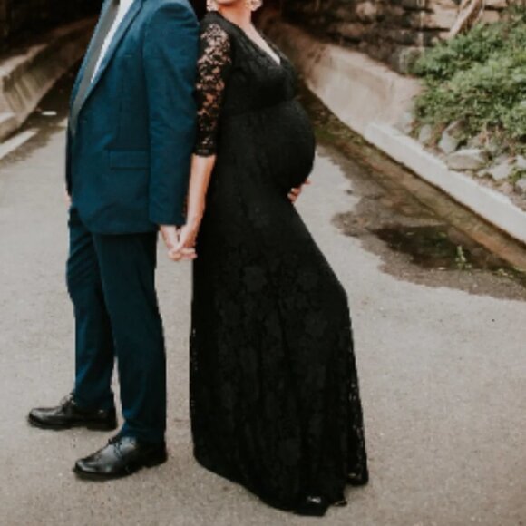 BLUSH Street Couture Women's S Black Wrap Lace Maternity Maxi Dress - Picture 3 of 8